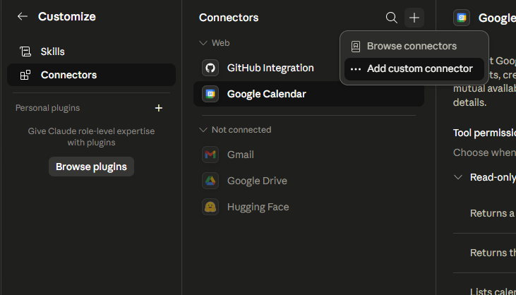 Claude.ai Connectors panel — click + then Add custom connector