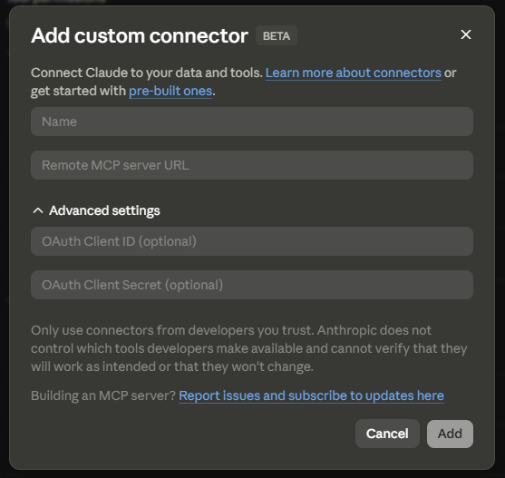 Add custom connector dialog showing Name, Remote MCP server URL, and OAuth fields