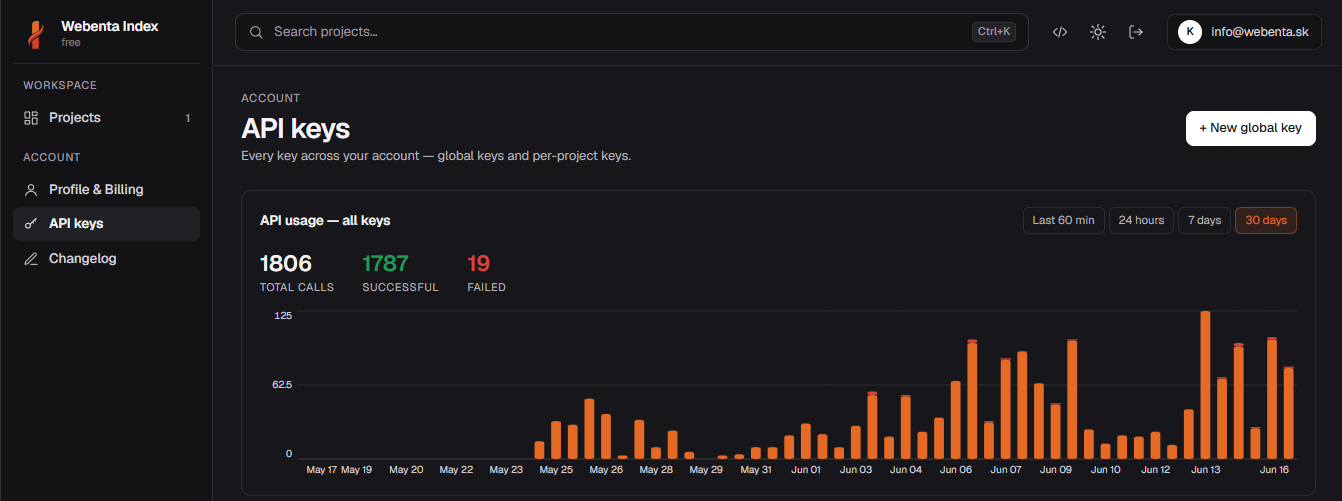 API Keys page showing usage graph and the New global key button