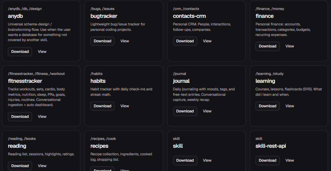Skills library showing cards for anydb, bugtracker, contacts-crm, finance, fitnesstracker, habits, journal, learning, reading, recipes